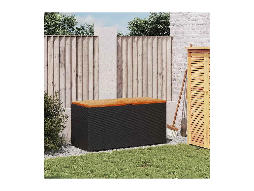 Zwarte tuinopbergbox van gevlochten hars en acaciahout