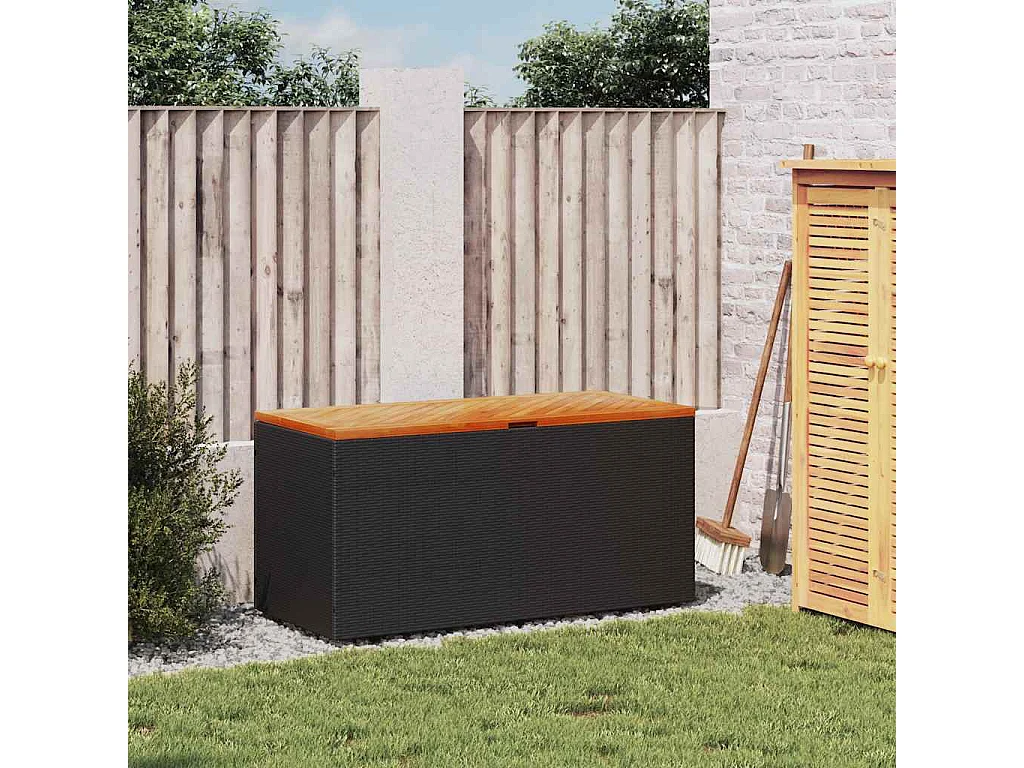 Contenitore da giardino nero in resina intrecciata e legno di acacia