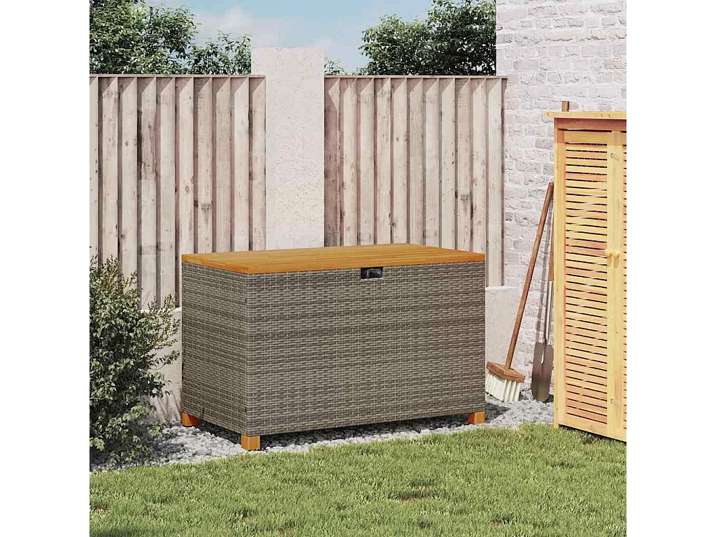 Caja de almacenamiento de jardín gris hecha de resina trenzada y madera de acacia