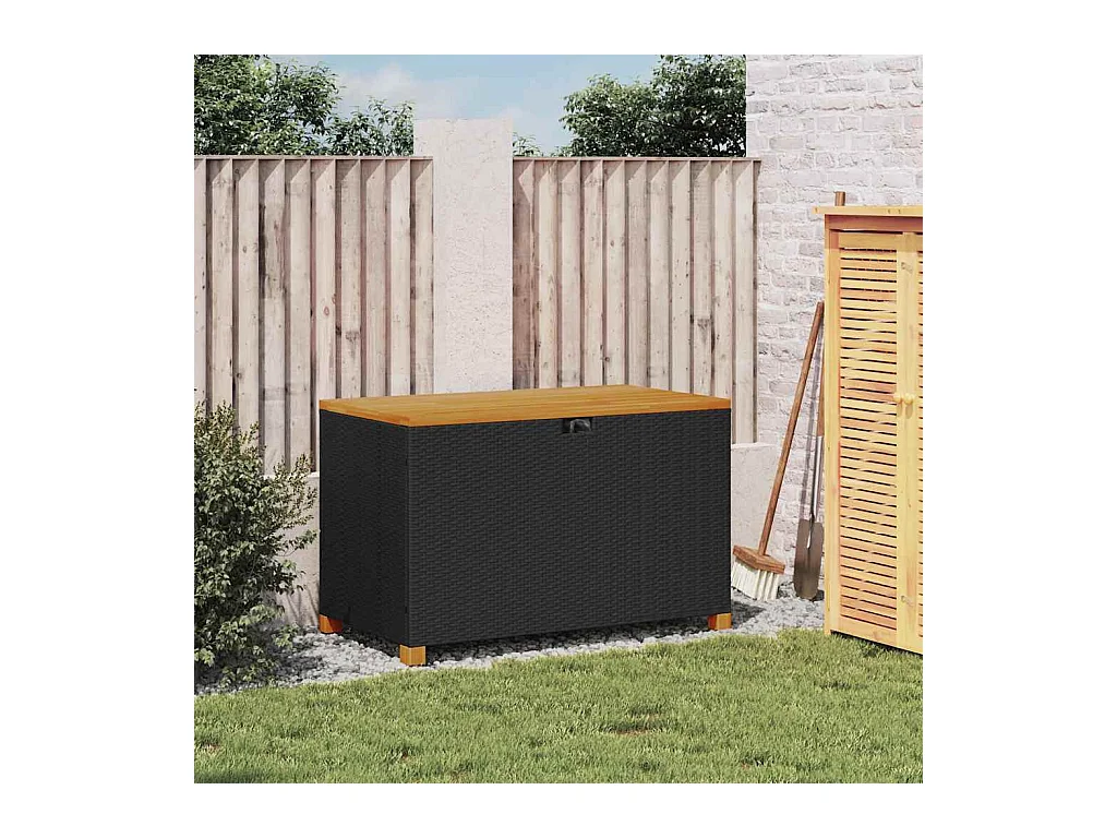 Zwarte tuinopbergbox van gevlochten hars en acaciahout