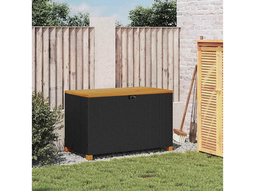 Caja de almacenamiento de jardín negra hecha de resina tejida y madera de acacia