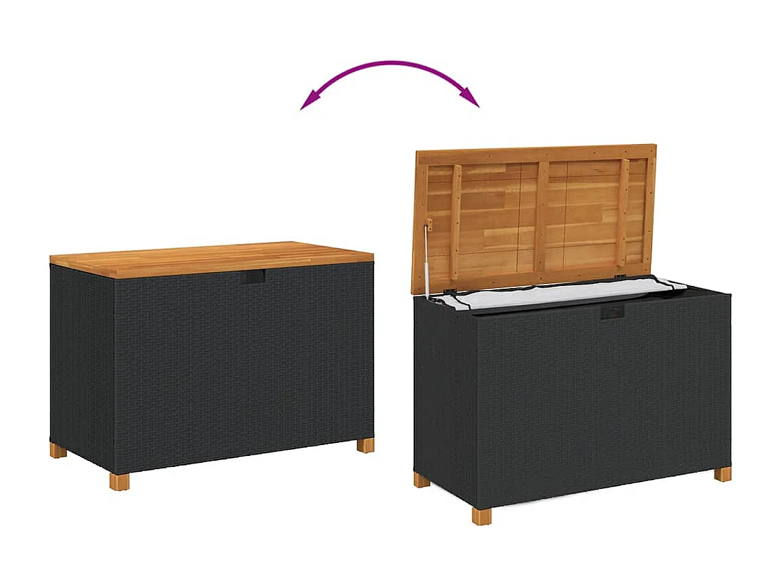 Caja de almacenamiento de jardín negra hecha de resina tejida y madera de acacia