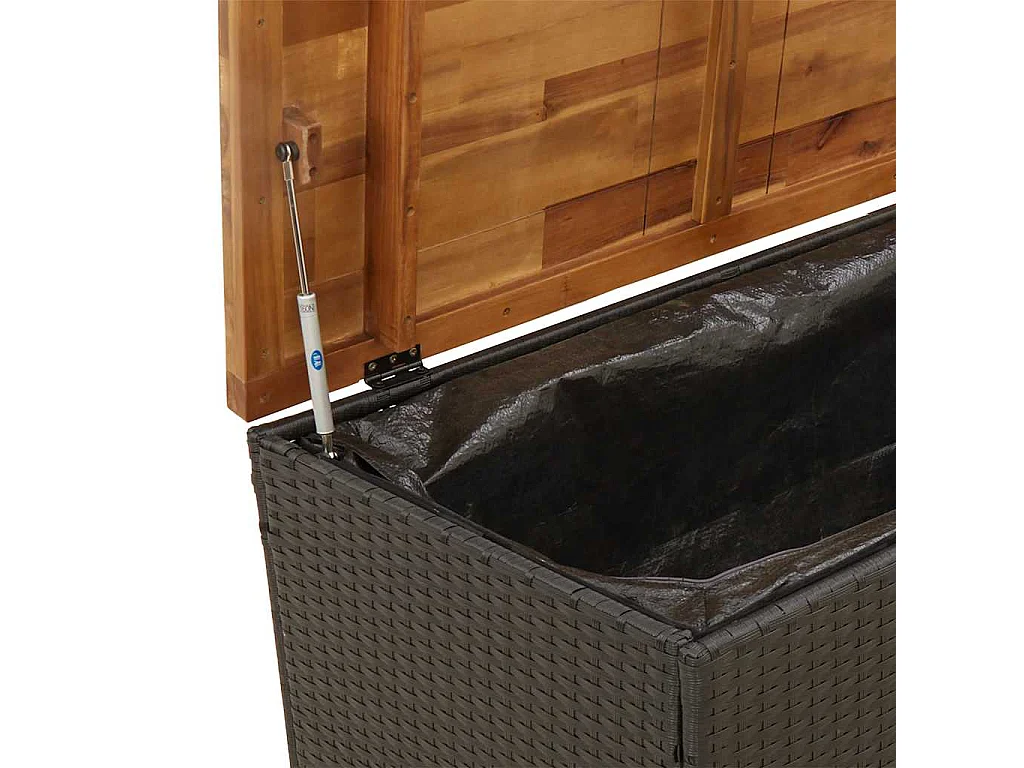 Caja de almacenamiento de jardín negra hecha de resina tejida y madera de acacia