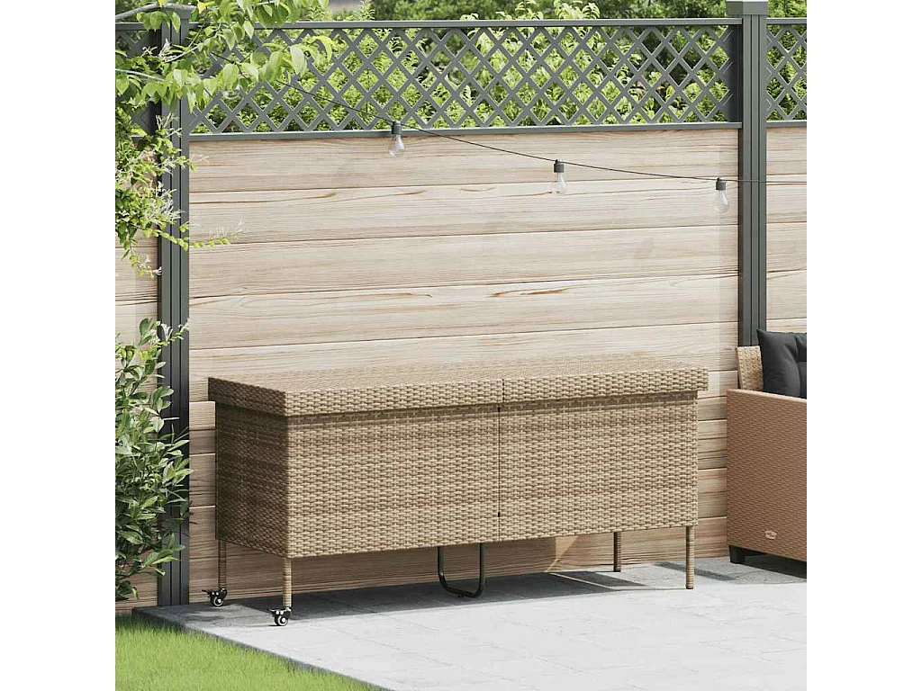 Boîte rangement jardin roues beige 160x55x75 cm résine tressée