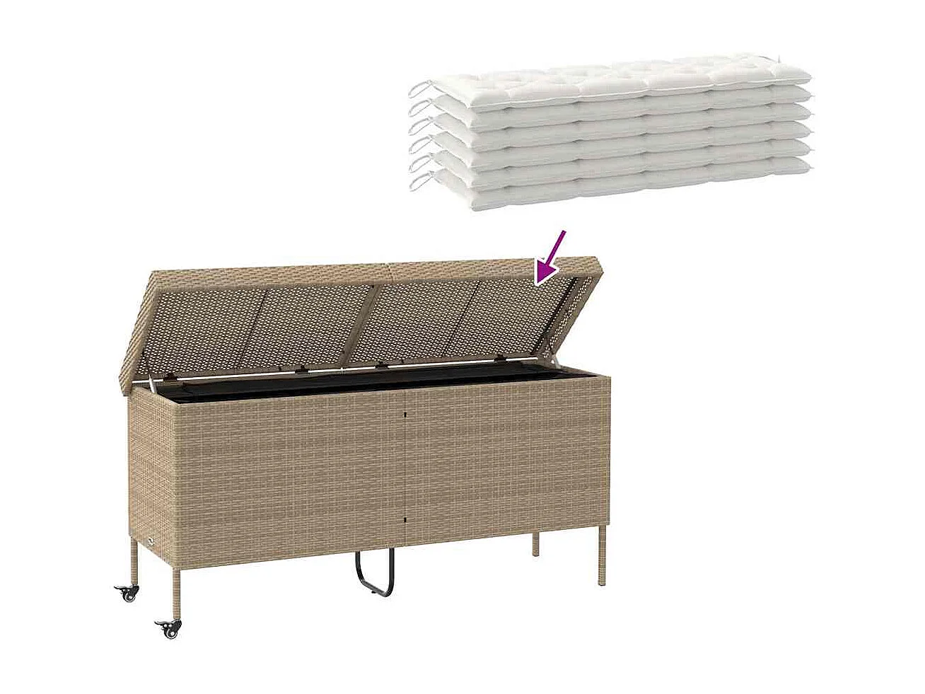 Boîte rangement jardin roues beige 160x55x75 cm résine tressée
