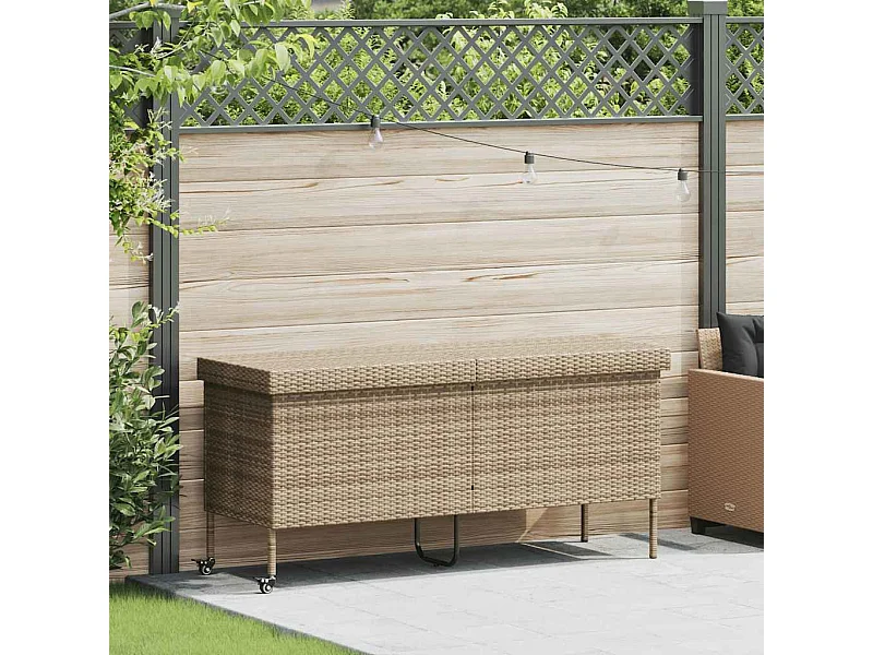 Boîte rangement jardin roues beige 160x55x75 cm résine tressée