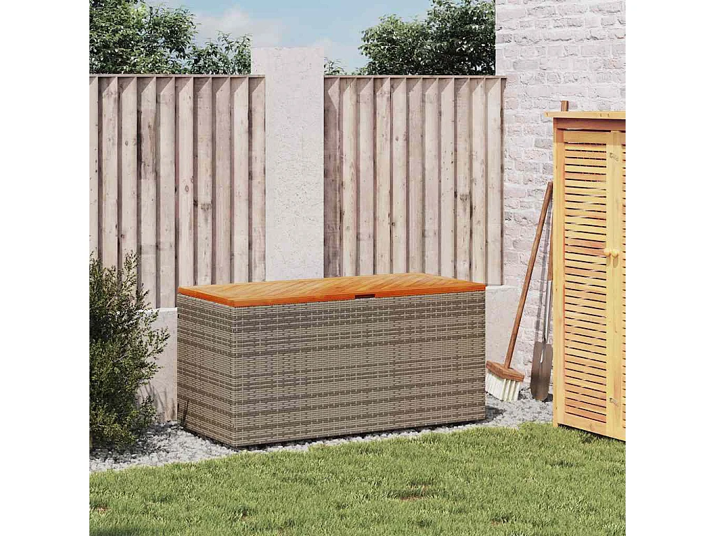 Contenitore da giardino grigio in resina intrecciata e legno di acacia