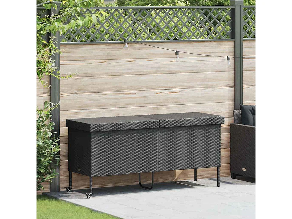 Boîte de rangement de jardin et roues noir résine tressée