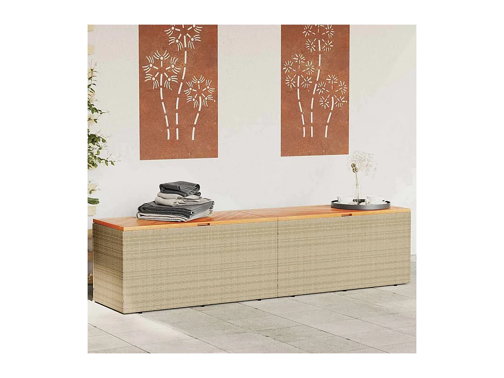 Beige tuinopbergbox van gevlochten hars en acaciahout
