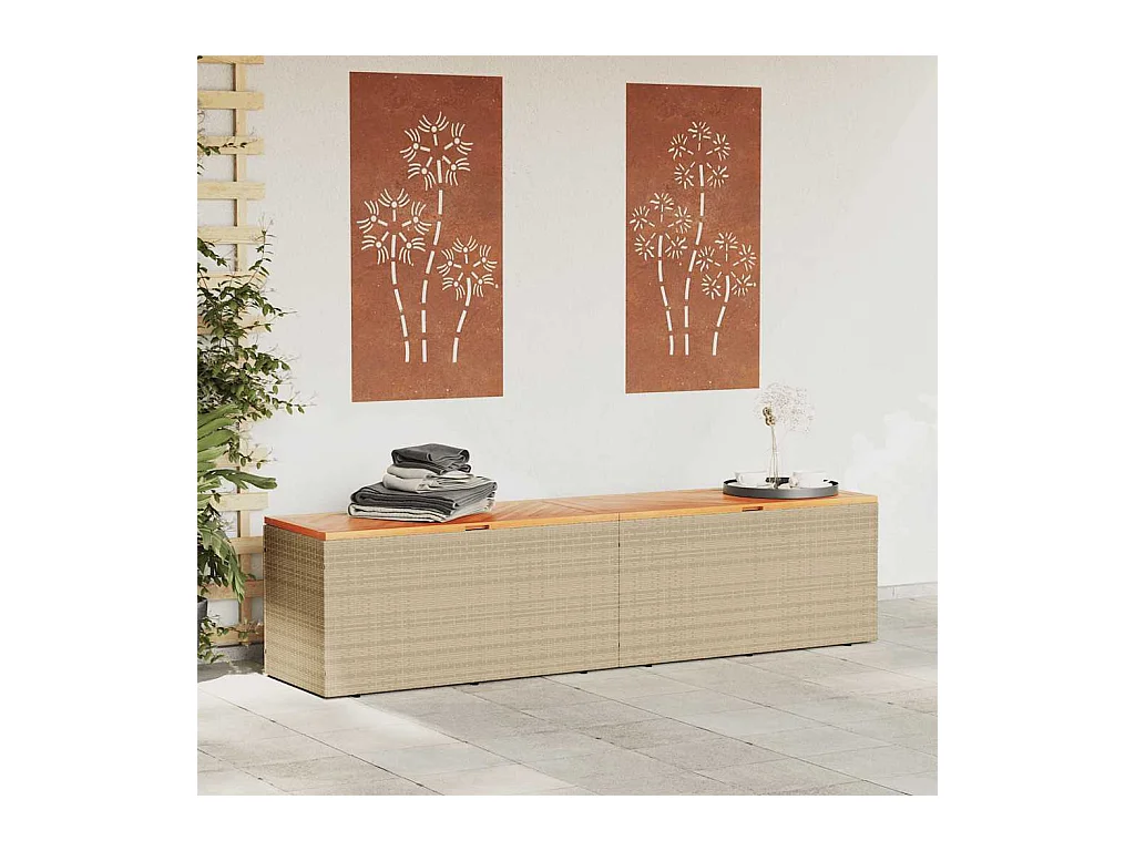 Beige tuinopbergbox van gevlochten hars en acaciahout