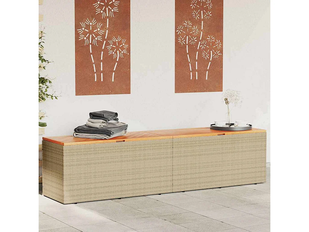 Contenitore da giardino beige in resina intrecciata e legno di acacia