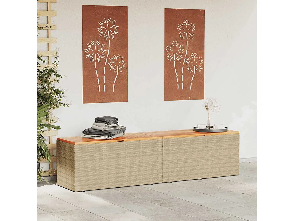 Contenitore da giardino beige in resina intrecciata e legno di acacia