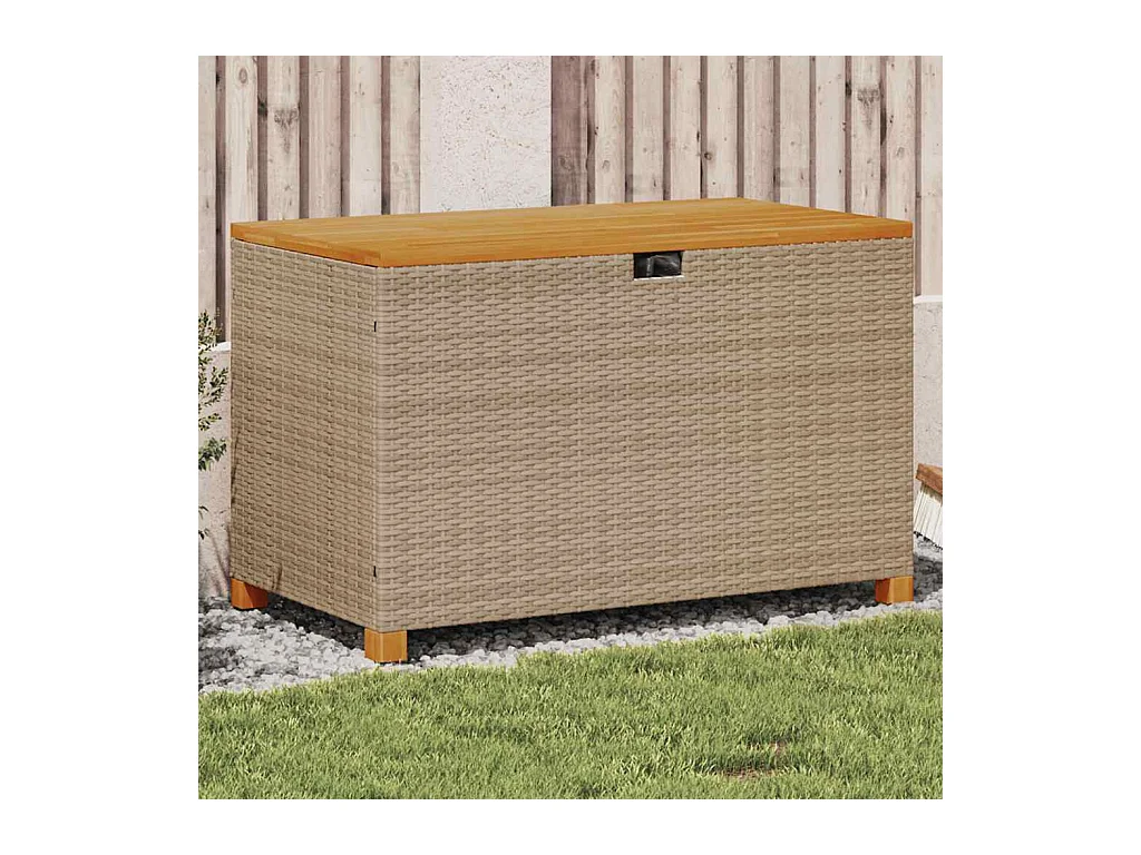 Caja de almacenamiento de jardín beige hecha de resina tejida y madera de acacia
