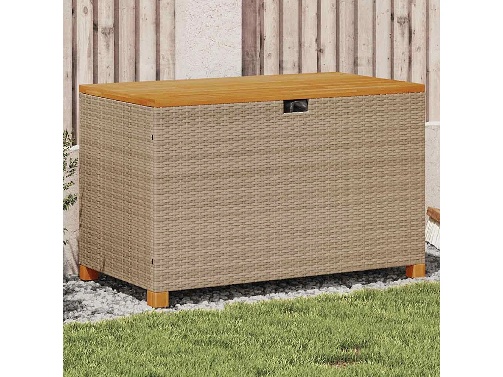Caja de almacenamiento de jardín beige hecha de resina tejida y madera de acacia