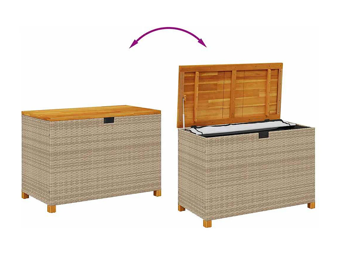 Caja de almacenamiento de jardín beige hecha de resina tejida y madera de acacia