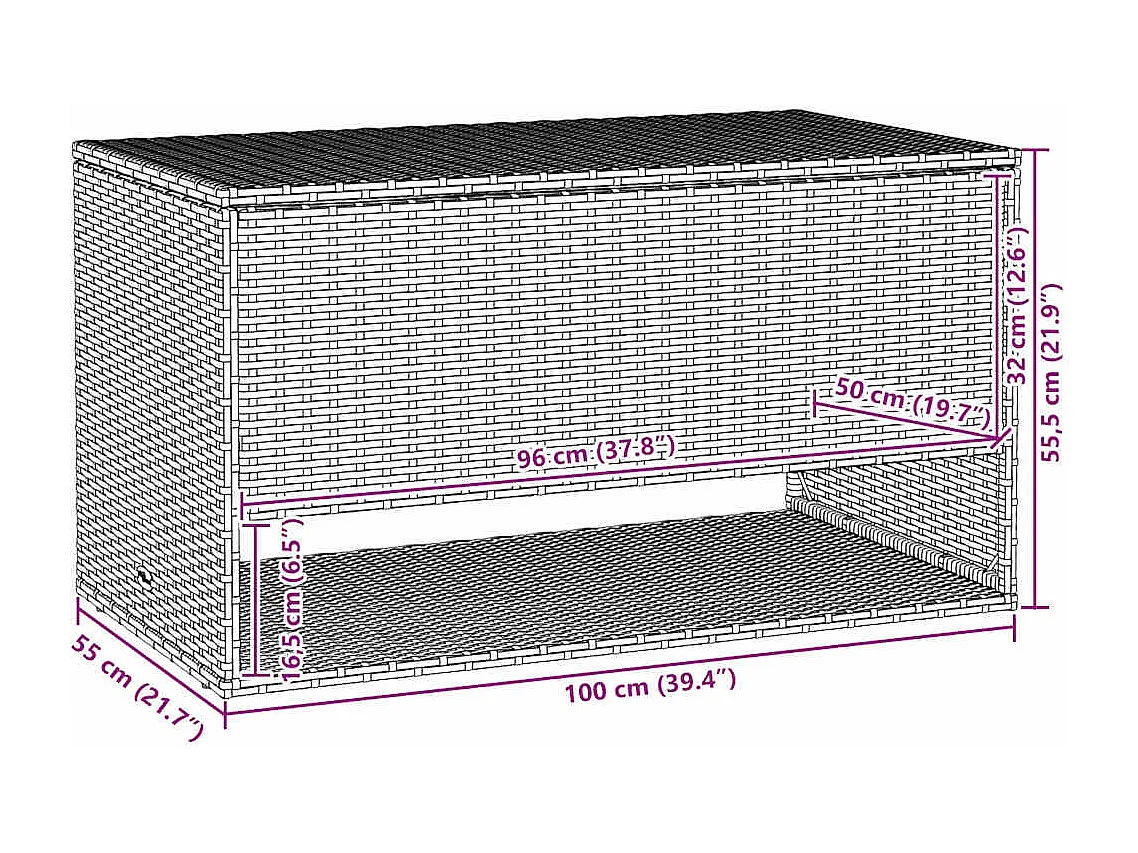 Coffre à coussins d'extérieur gris 100x55x55,5cm résine tressée