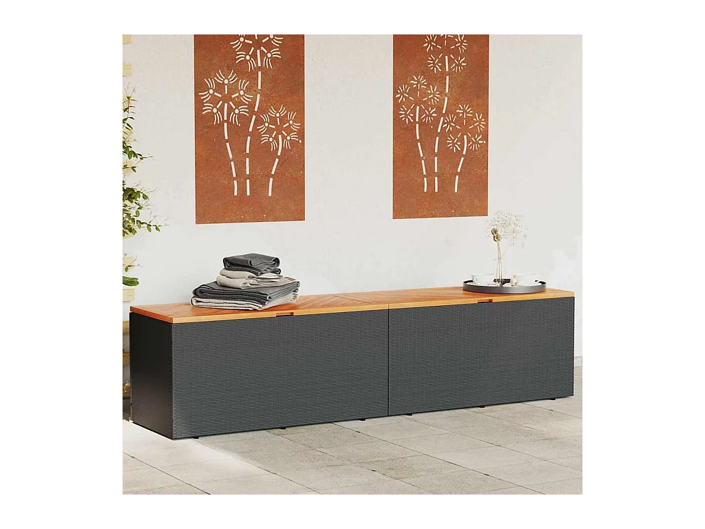 Zwarte tuinopbergbox van gevlochten hars en acaciahout