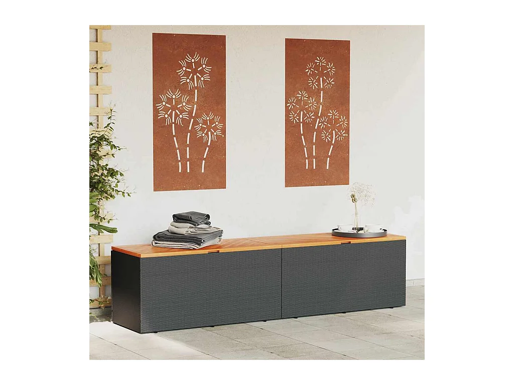 Zwarte tuinopbergbox van gevlochten hars en acaciahout