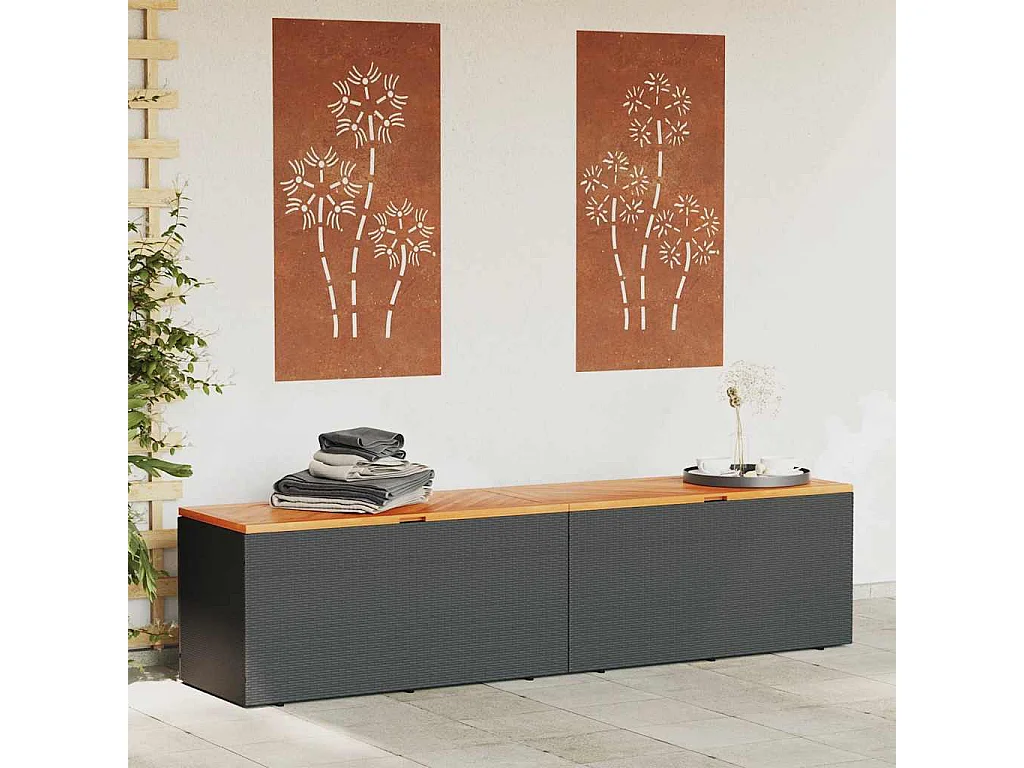 Contenitore da giardino nero in resina intrecciata e legno di acacia