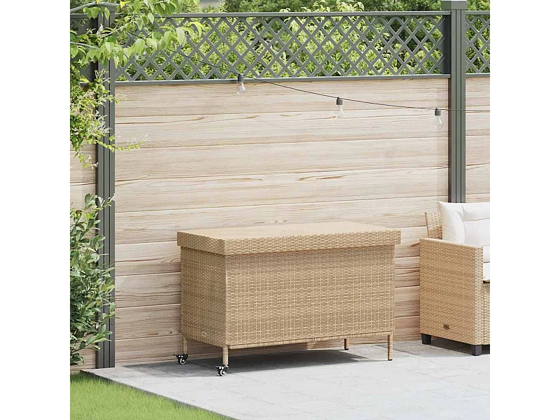 Caja de almacenamiento para jardín y ruedas de resina tejida.