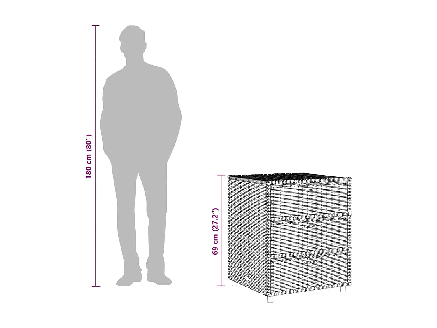 Armario de jardín marrón de resina tejida, 55 x 59 x 69 cm.