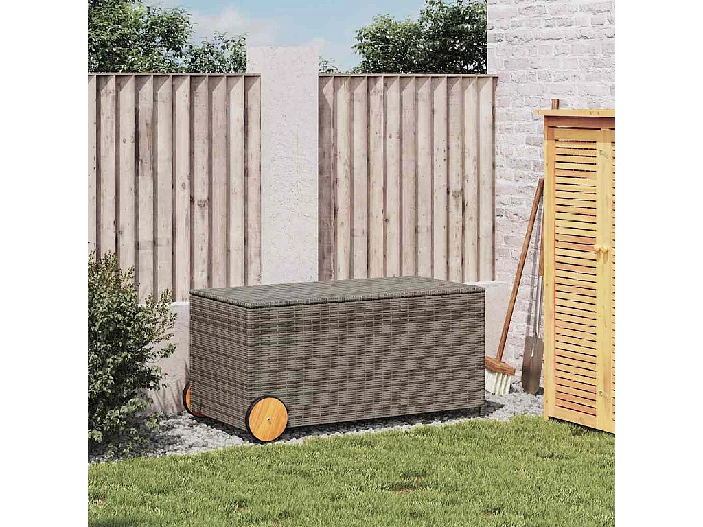 Caja de almacenamiento para jardín de mimbre de resina gris de 190 l con ruedas