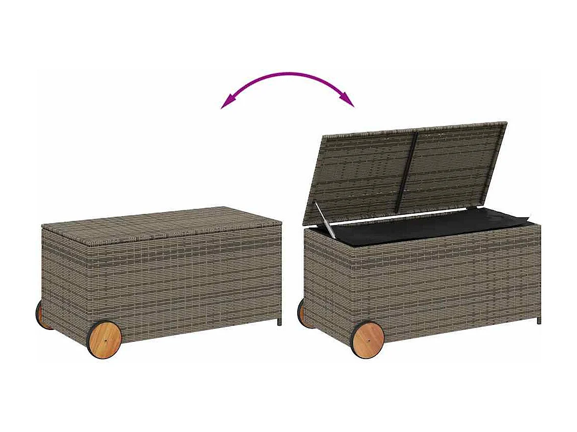 Caja de almacenamiento para jardín de mimbre de resina gris de 190 l con ruedas