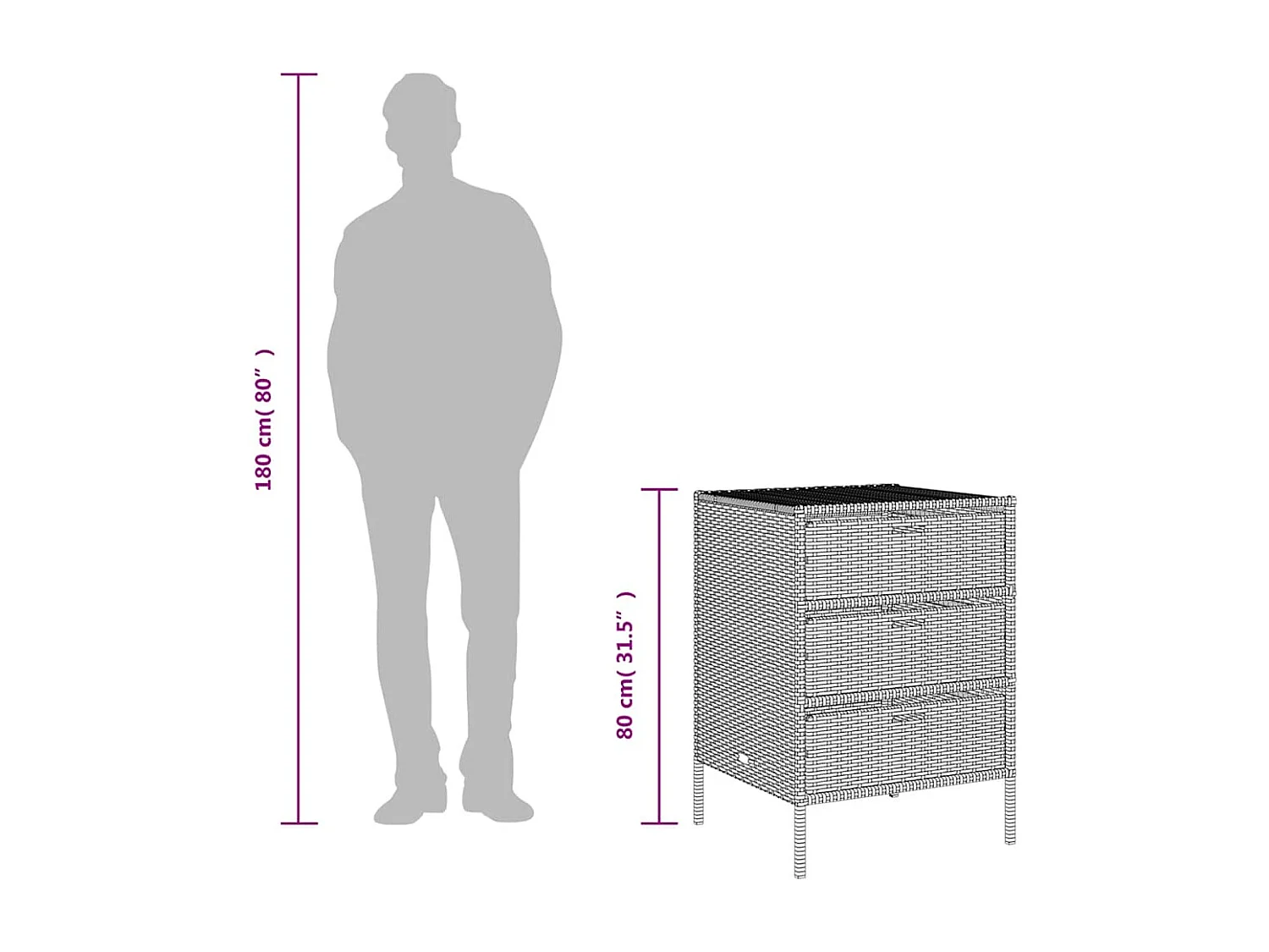 Mueble de jardín con 3 cajones en resina trenzada gris