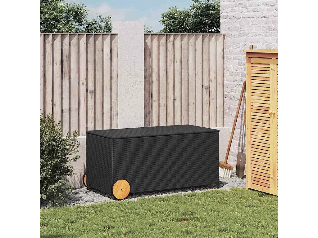 Caja de almacenamiento para jardín negra de 190L con ruedas, resina tejida