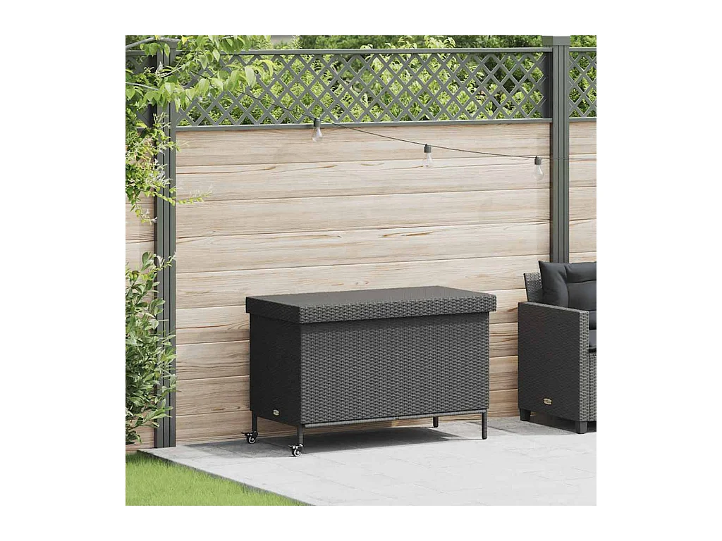 Boîte de rangement de jardin et roues noir résine tressée