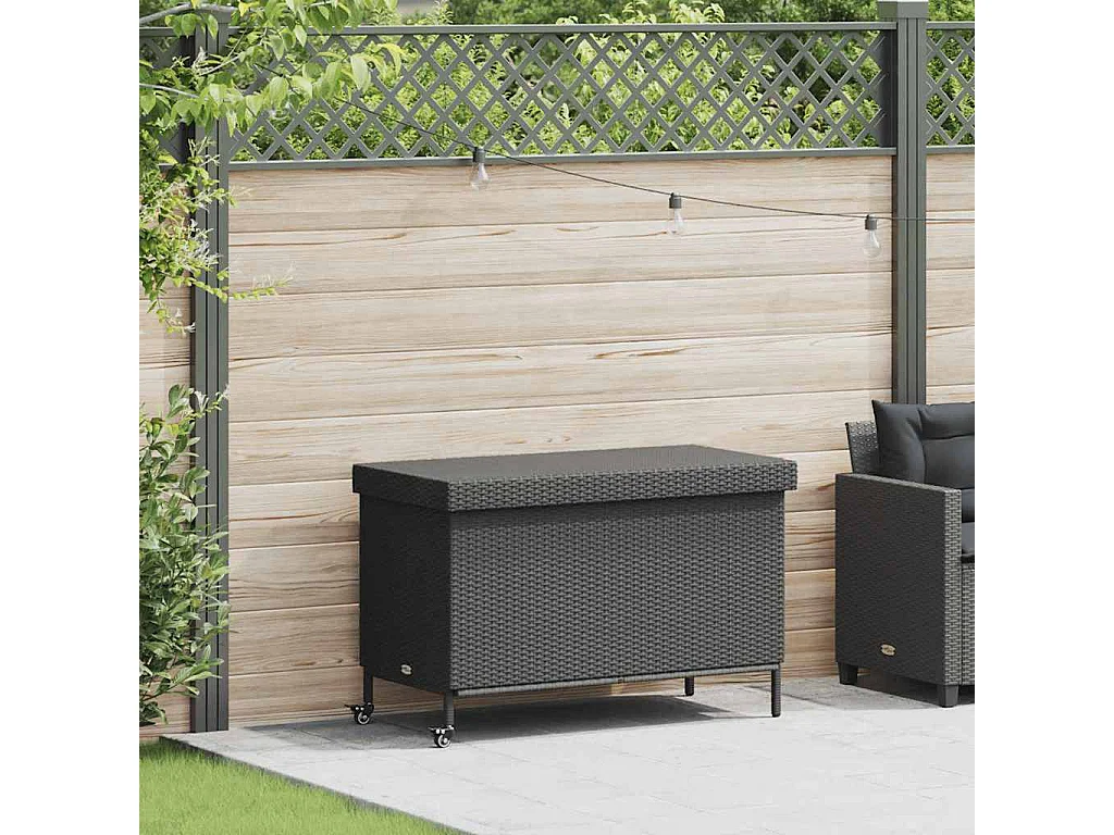 Boîte de rangement de jardin et roues noir résine tressée