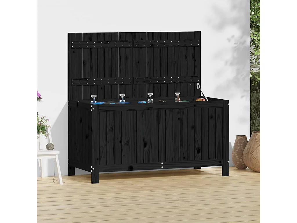 Arcón de jardín Negro 121x55x64 cm Madera maciza de pino