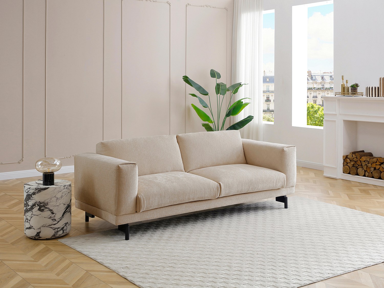 3-Sitzer Sofa - Chenille-Stoff Beige - DEMBOLA günstig online kaufen