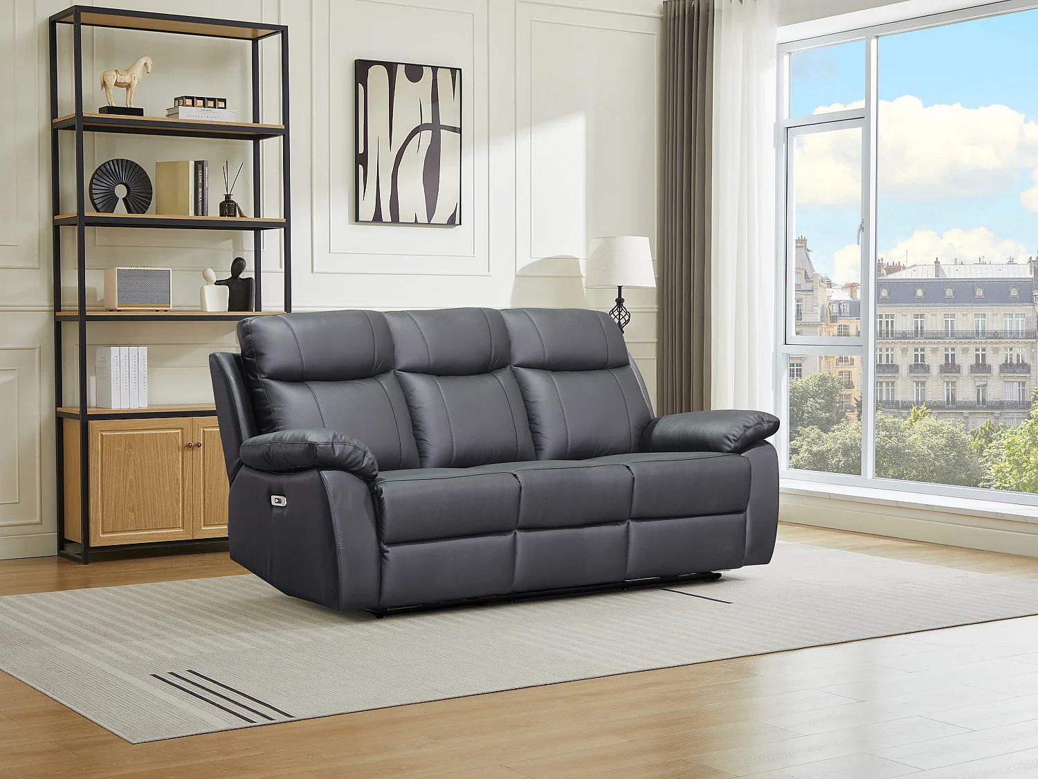 Canapé 3 places relax électrique en cuir noir VIPINO