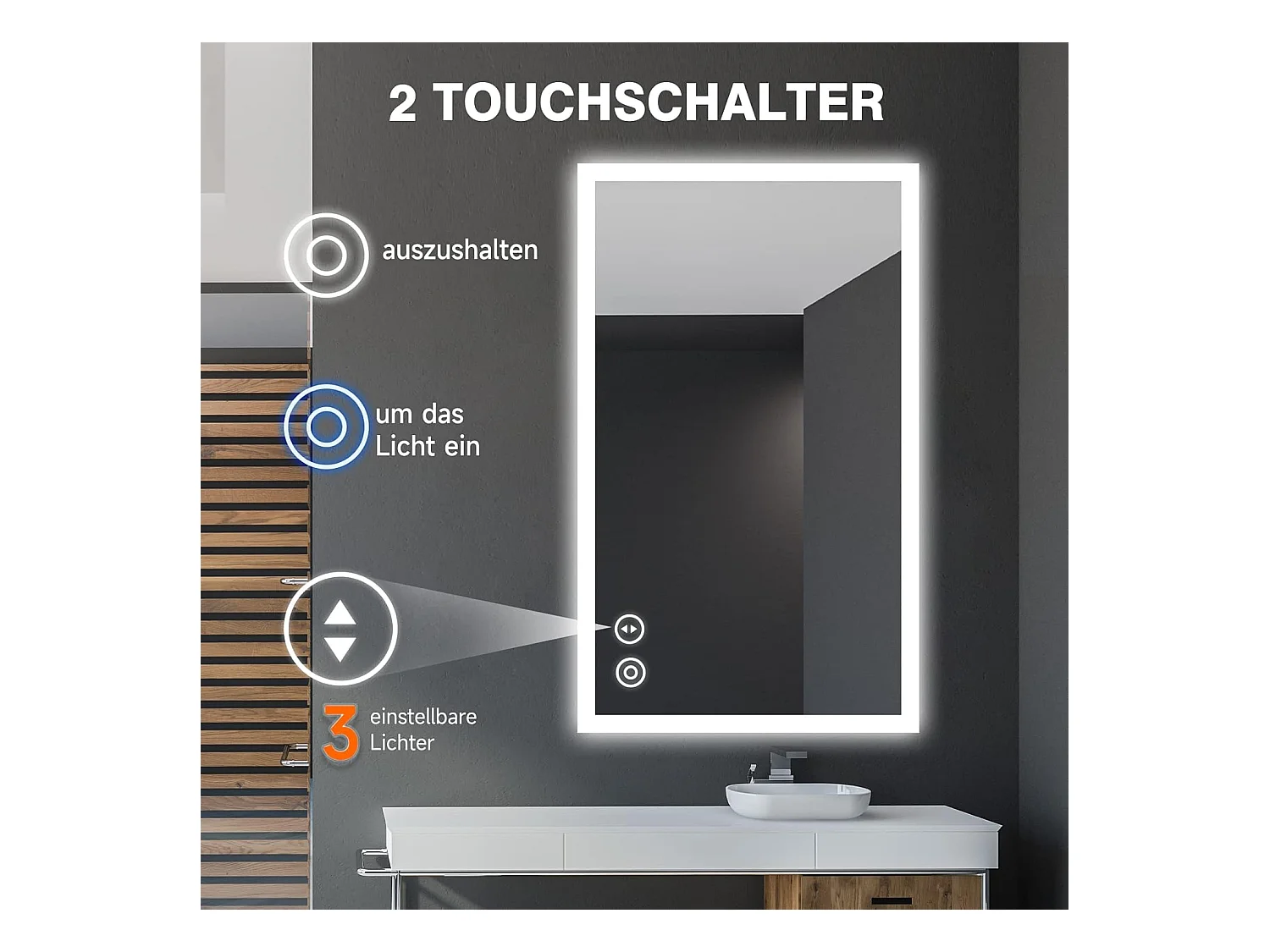 Miroir de Salle de Bain YOLEO avec Éclairage, 100 x 60 cm, Miroir Murale avec Prise Electrique, Commande Tactile et Fonction Anti-Buée