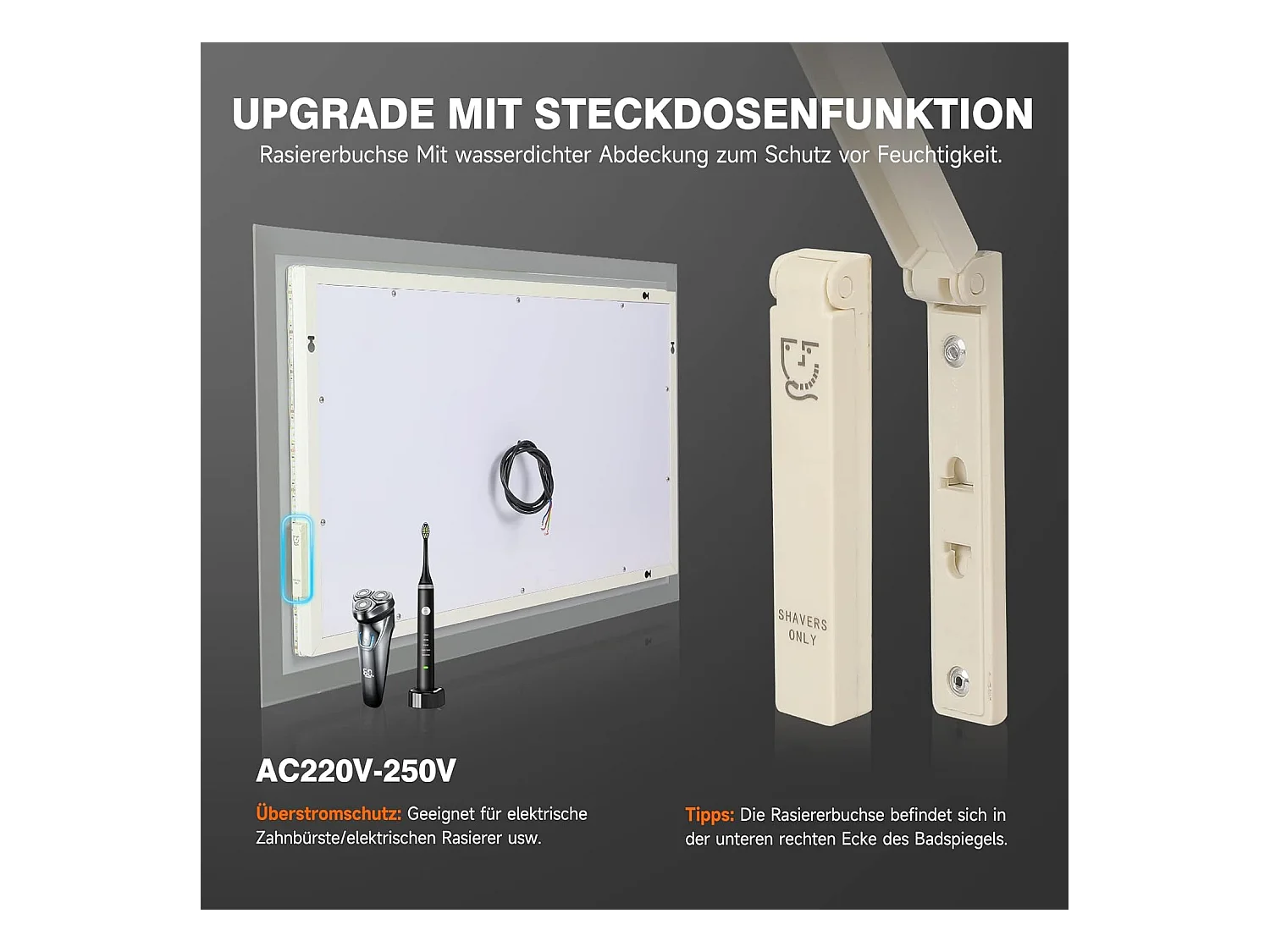 Miroir de Salle de Bain YOLEO avec Éclairage, 100 x 60 cm, Miroir Murale avec Prise Electrique, Commande Tactile et Fonction Anti-Buée