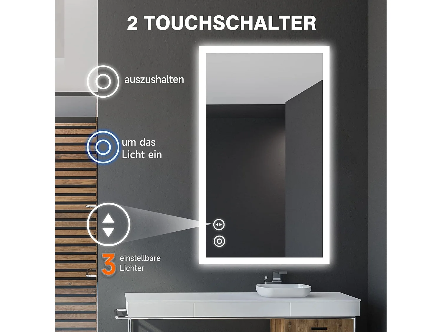 Miroir de Salle de Bain YOLEO avec Éclairage, 100 x 60 cm, Miroir Murale avec Prise Electrique, Commande Tactile et Fonction Anti-Buée