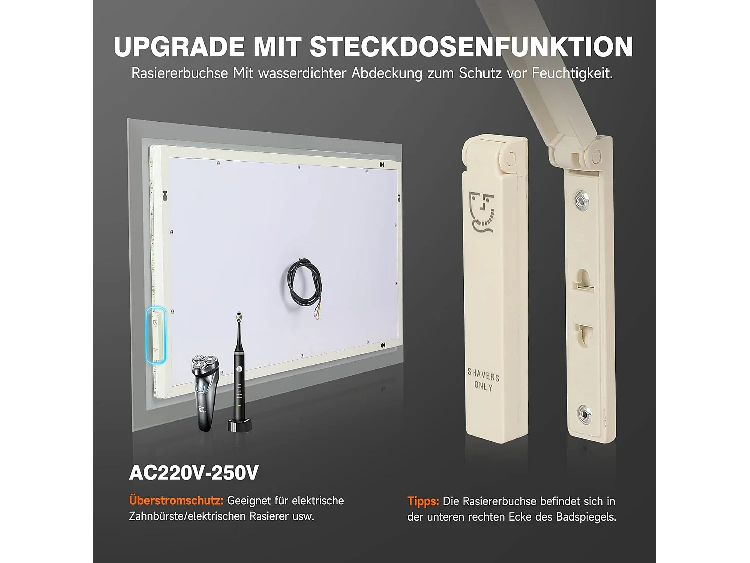 Miroir de Salle de Bain YOLEO avec Éclairage, 100 x 60 cm, Miroir Murale avec Prise Electrique, Commande Tactile et Fonction Anti-Buée
