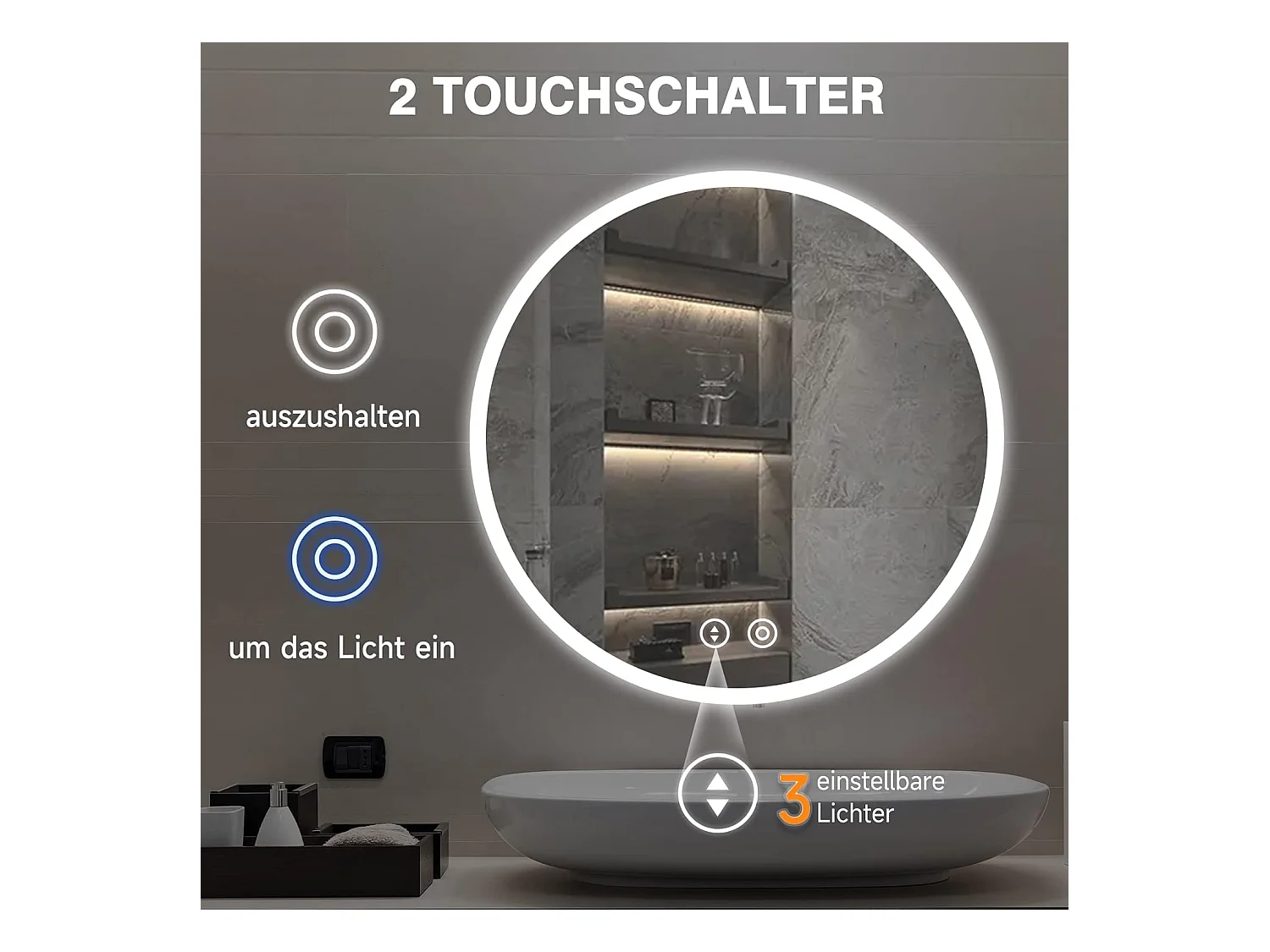 Specchio da Bagno Rotondo YOLEO con Illuminazione, 60cm, Specchio per Bagno/Specchio a Parete con Interruttore Touch e Vetro di Sicurezza