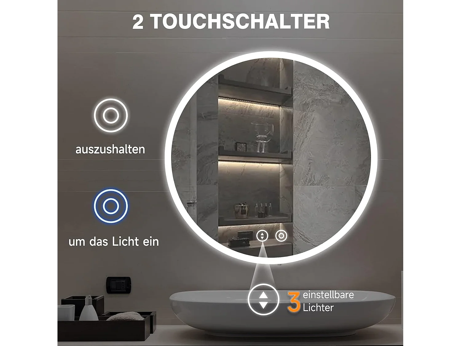 Miroir de Bain Rond YOLEO avec Éclairage, 60cm, Miroir de Salle de Bain/Miroir Mural à Commande Tactile et Verre Sécurit, 3 Couleurs de Lumière Réglables, 6500K