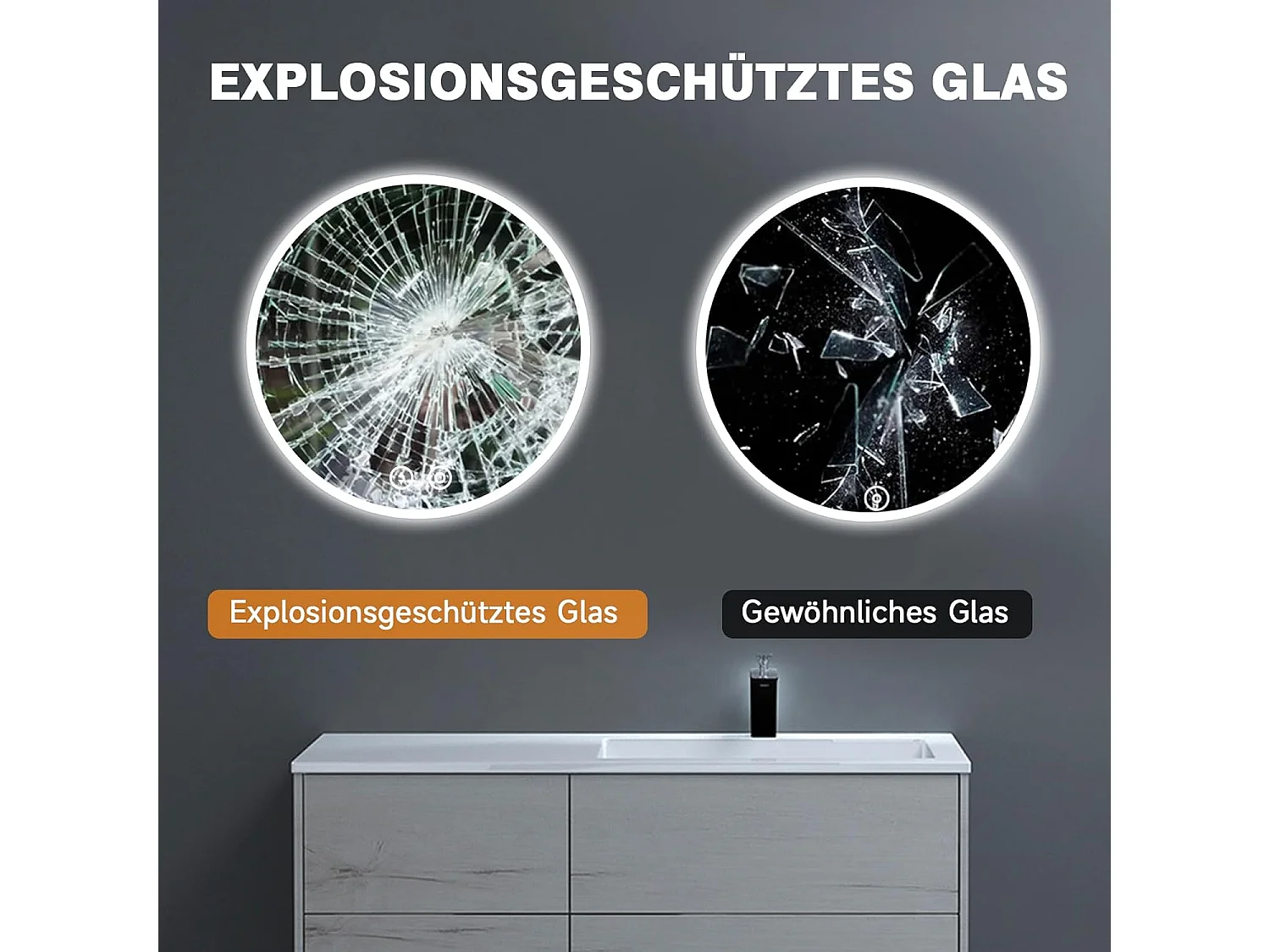 Miroir de Bain Rond YOLEO avec Éclairage, 60cm, Miroir de Salle de Bain/Miroir Mural à Commande Tactile et Verre Sécurit, 3 Couleurs de Lumière Réglables, 6500K