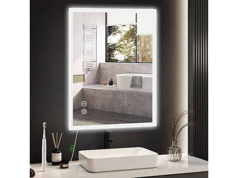 YOLEO Badkamerspiegel met Verlichting, 50 x 70 cm, Wandspiegel met Stopcontact, Touchschakelaar en Anti-Beslagen Functie