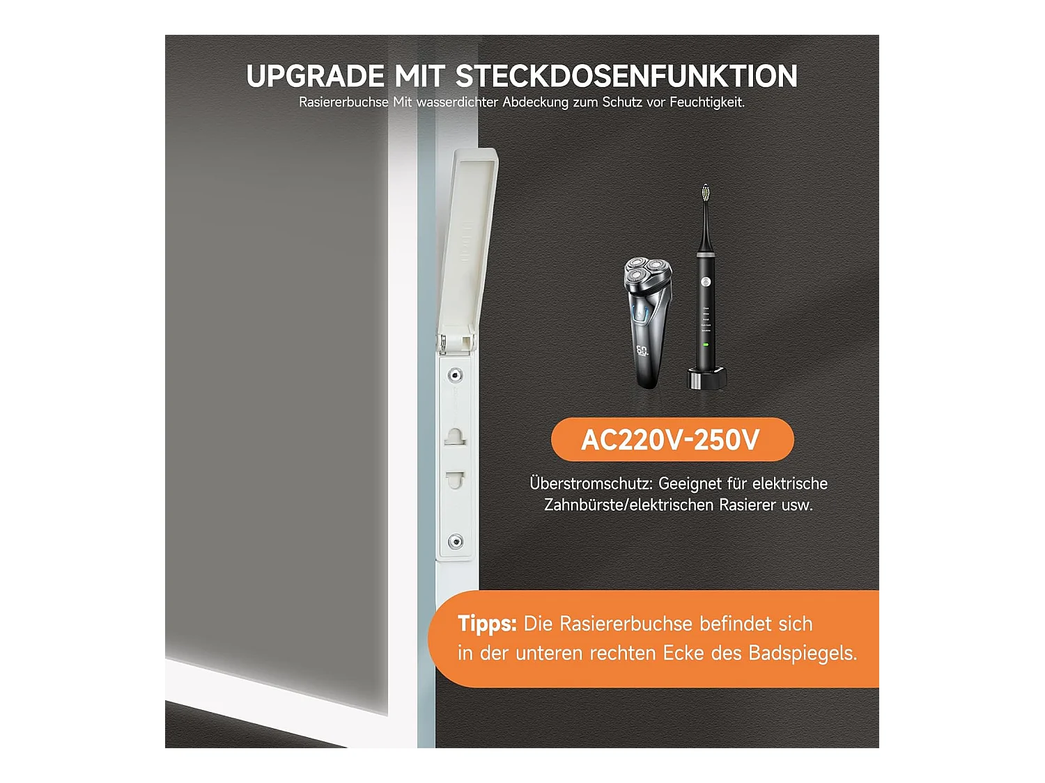 Miroir de Salle de Bain YOLEO avec Éclairage, 50 x 70 cm, Miroir Murale avec Prise Electrique, Commande Tactile et Fonction Anti-Buée