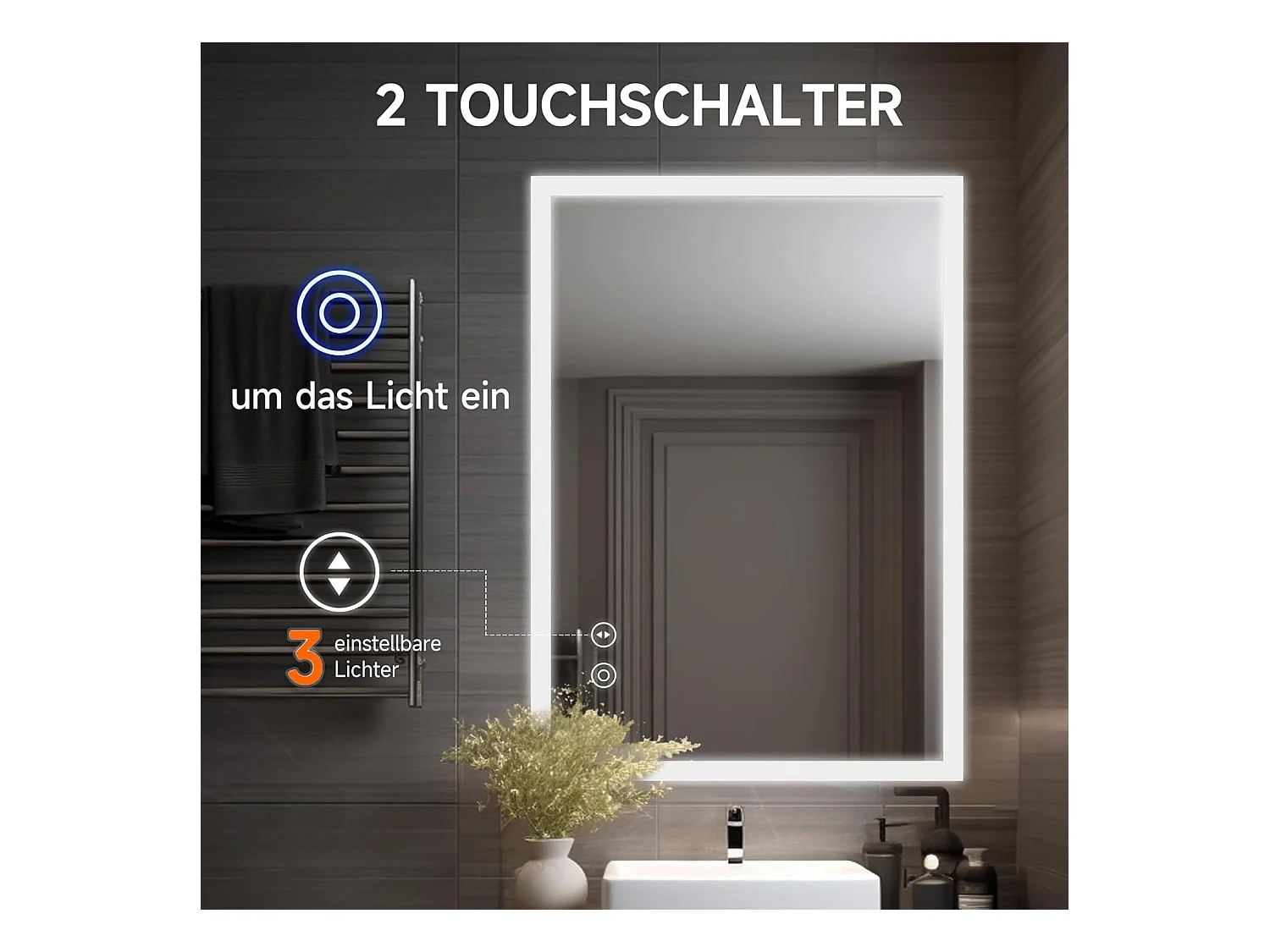 YOLEO Badkamerspiegel met Verlichting, 50 x 70 cm, Wandspiegel met Stopcontact, Touchschakelaar en Anti-Beslagen Functie