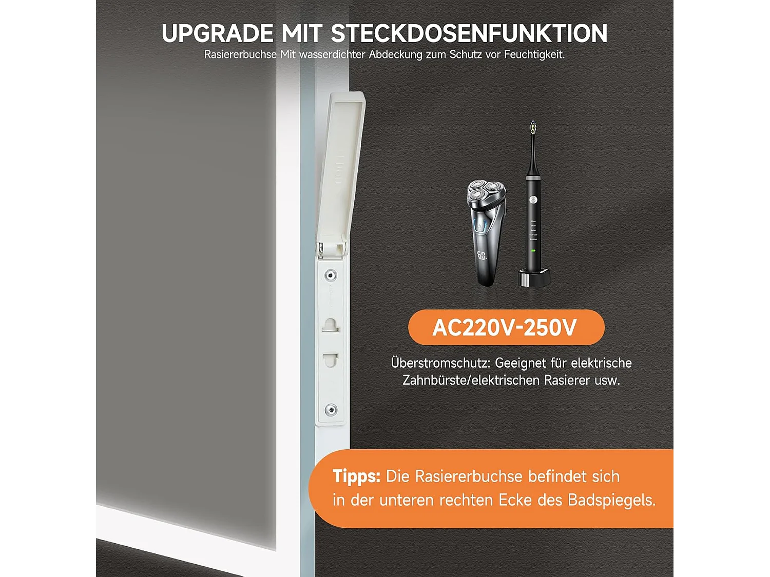 Miroir de Salle de Bain YOLEO avec Éclairage, 50 x 70 cm, Miroir Murale avec Prise Electrique, Commande Tactile et Fonction Anti-Buée