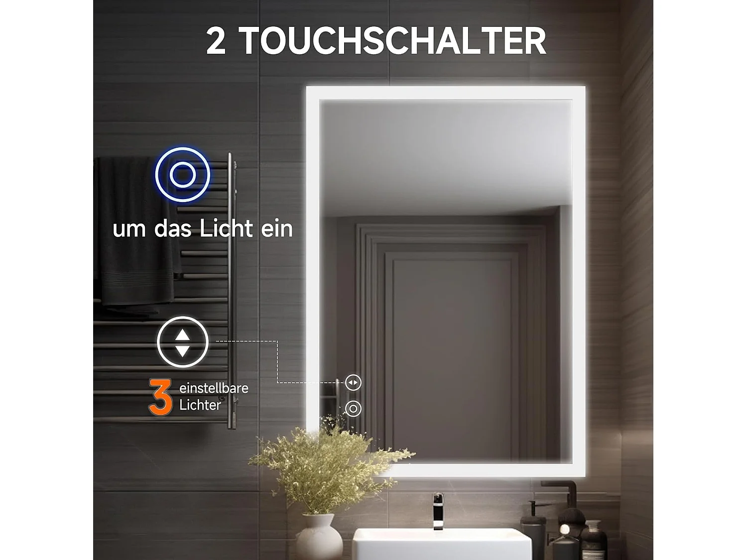 Miroir de Salle de Bain YOLEO avec Éclairage, 50 x 70 cm, Miroir Murale avec Prise Electrique, Commande Tactile et Fonction Anti-Buée