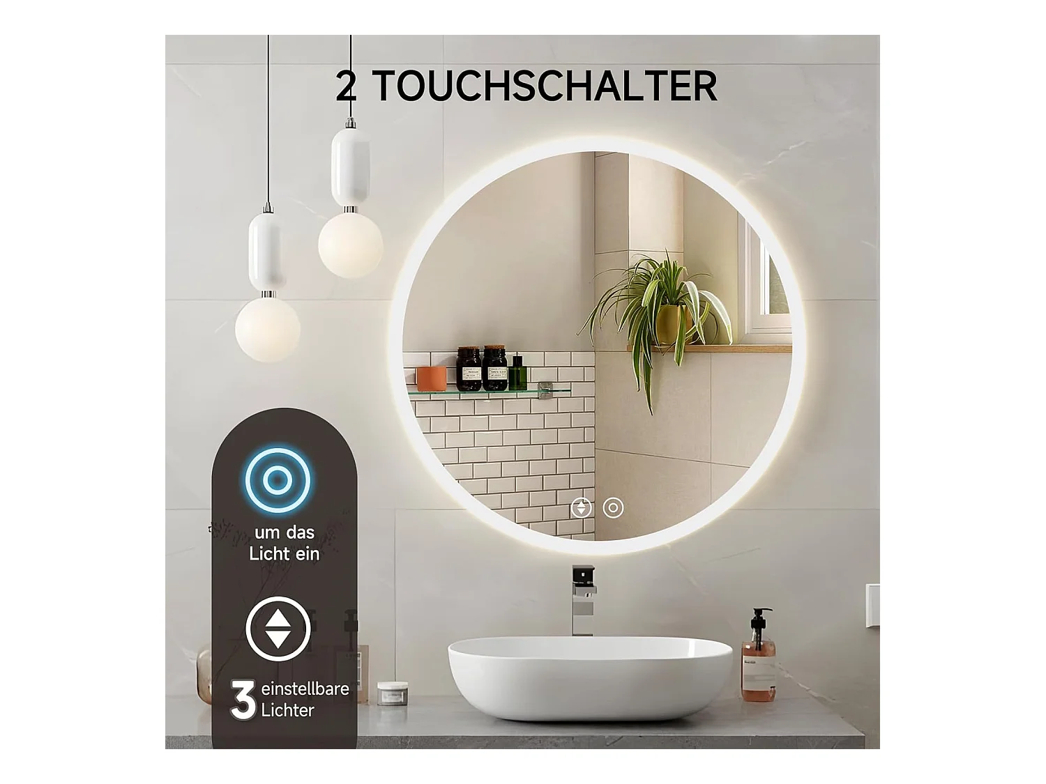 Miroir de Bain Rond YOLEO avec Éclairage, 50cm, Miroir de Salle de Bain/Miroir Mural à Commande Tactile et Verre Sécurit, 3 Couleurs de Lumière Réglables, 6500K