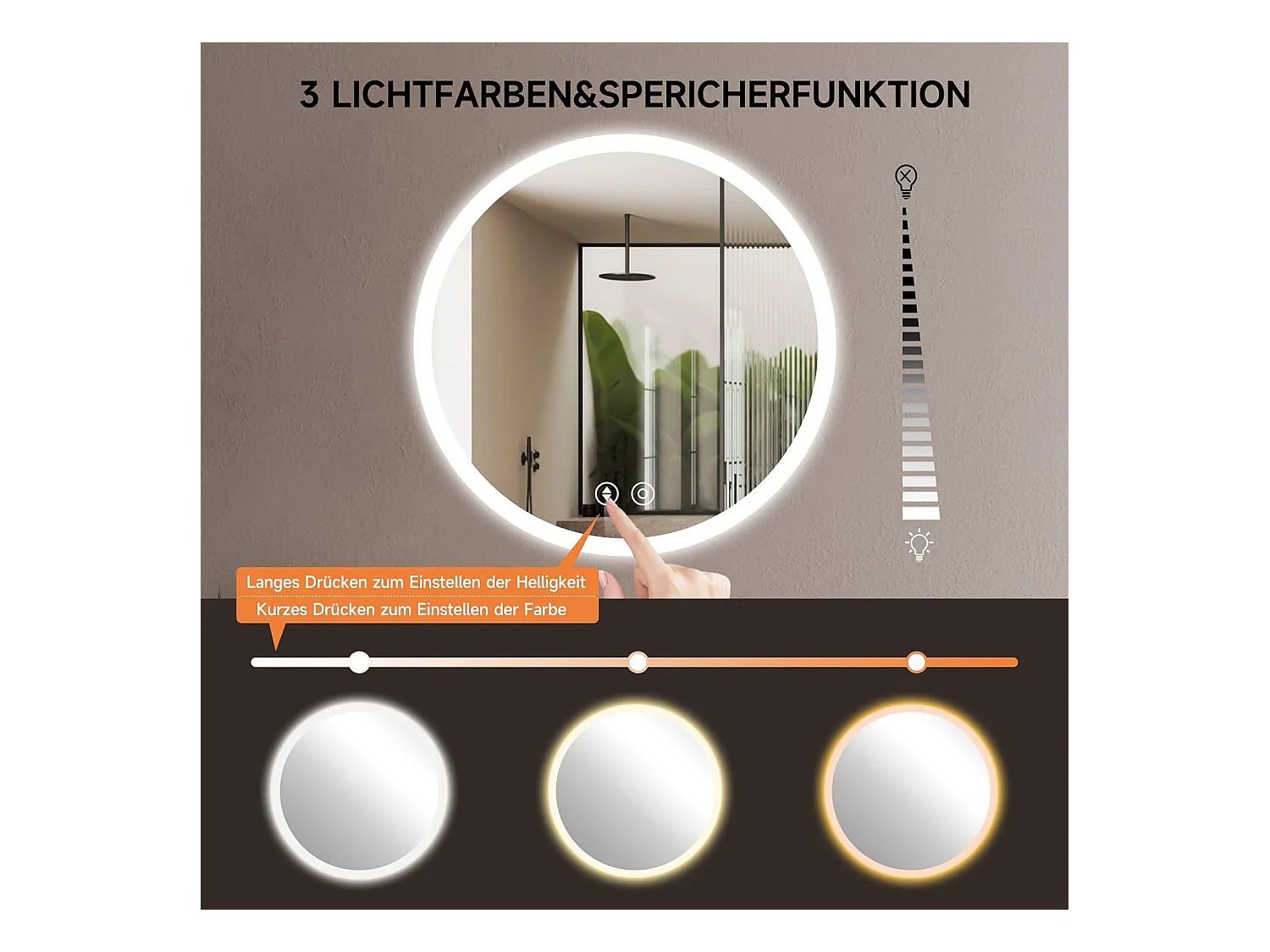 Miroir de Bain Rond YOLEO avec Éclairage, 50cm, Miroir de Salle de Bain/Miroir Mural à Commande Tactile et Verre Sécurit, 3 Couleurs de Lumière Réglables, 6500K