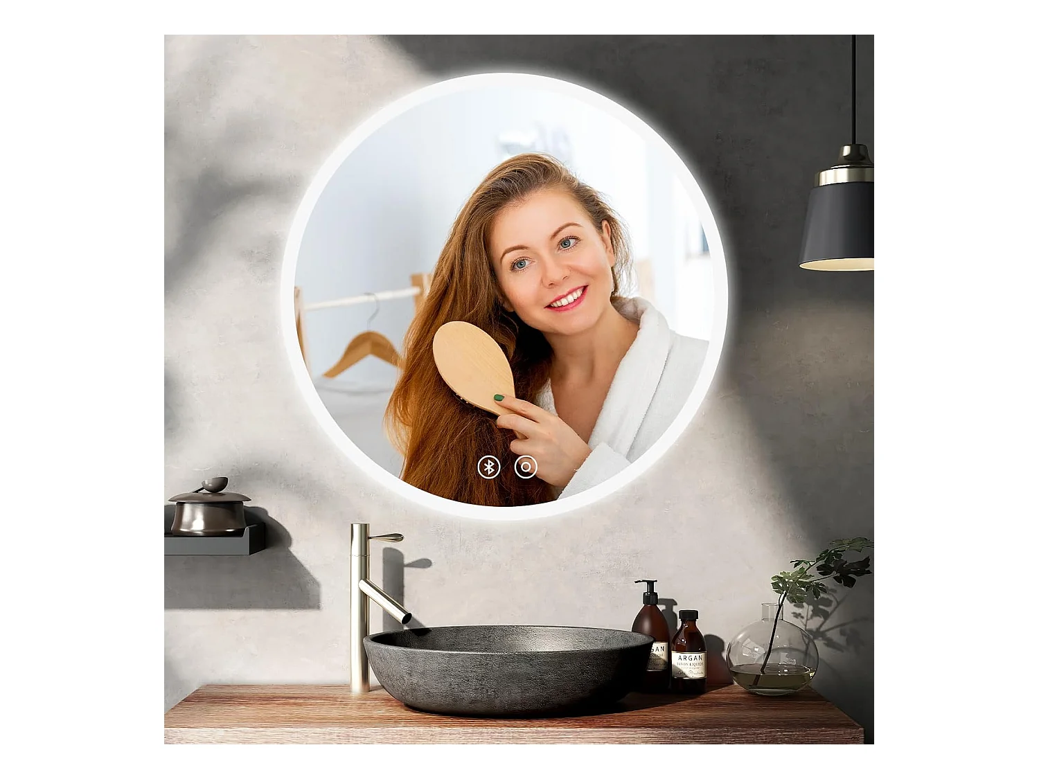 Miroir de Bain Rond YOLEO avec Éclairage, 50cm, Miroir de Salle de Bain/Miroir Mural à Commande Tactile et Verre Sécurit, 3 Couleurs de Lumière Réglables, 6500K