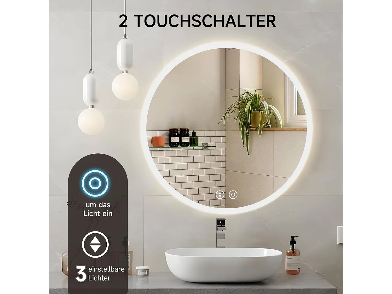 Miroir de Bain Rond YOLEO avec Éclairage, 50cm, Miroir de Salle de Bain/Miroir Mural à Commande Tactile et Verre Sécurit, 3 Couleurs de Lumière Réglables, 6500K